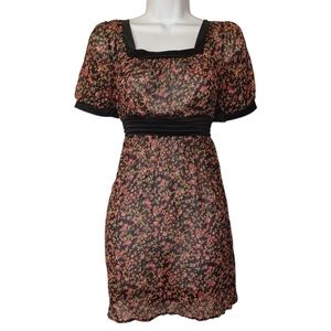 ACUTA Semi Sheer Pink Green Floral Print Black Short Sleeve Tunic Mini Dress S